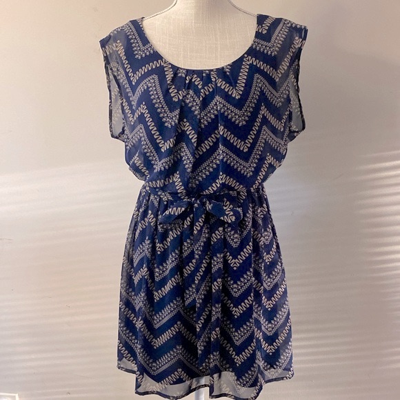 Lily Rose Womans Chiffon Geomatics Bleu Mini Dress Ballon Stretch Tie Waist